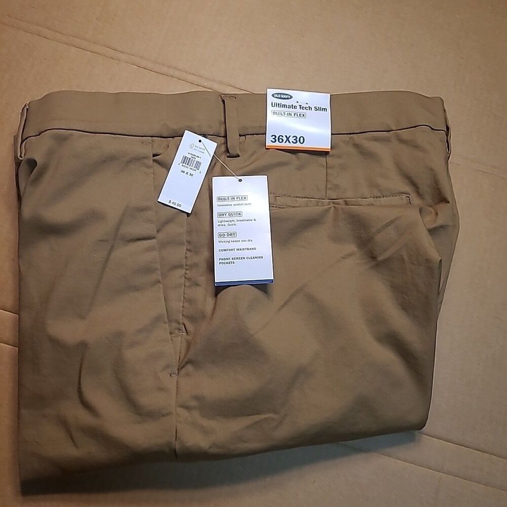 Old Navy Ultimate Tech Pants Mens 36x30 Khaki Built In Flex Slim Fit Stretch NEW